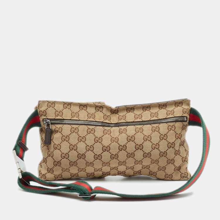 Pre Owned Gucci Beige/Brown GG Canvas and Leather Double Pocket Belt Bag