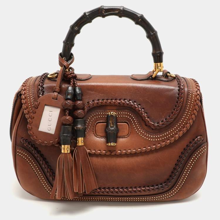 Pre Owned Gucci Brown Leather Large New Bamboo Top Handle Bag