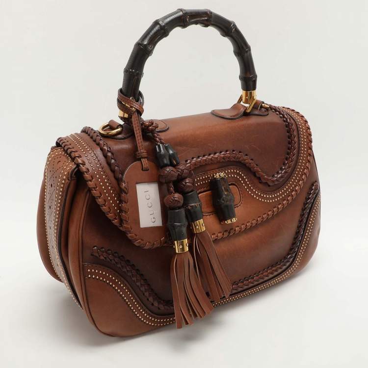 Pre Owned Gucci Brown Leather Large New Bamboo Top Handle Bag