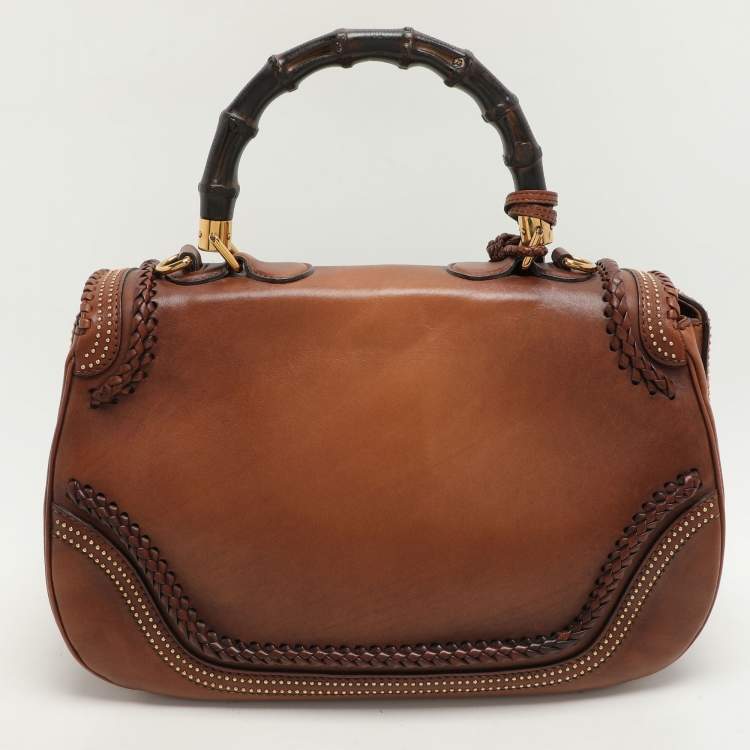 Pre Owned Gucci Brown Leather Large New Bamboo Top Handle Bag