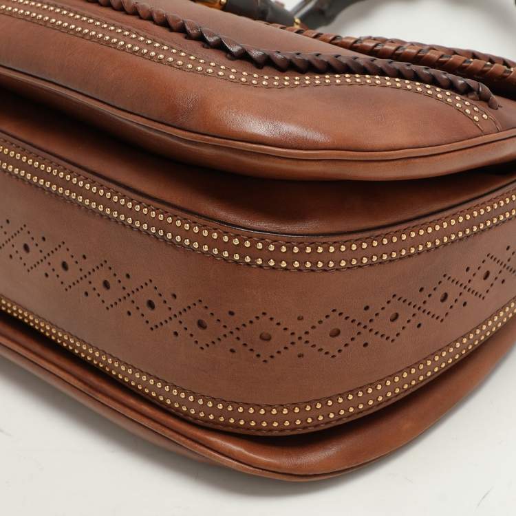 Pre Owned Gucci Brown Leather Large New Bamboo Top Handle Bag