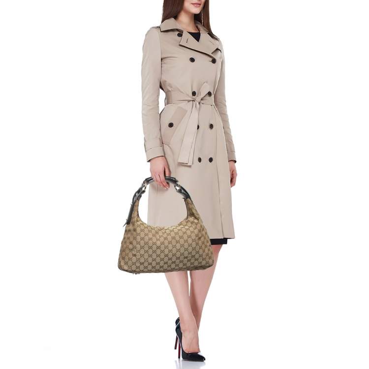 Pre Owned Gucci Beige/Brown GG Canvas and Leather Horsebit Handle Hobo