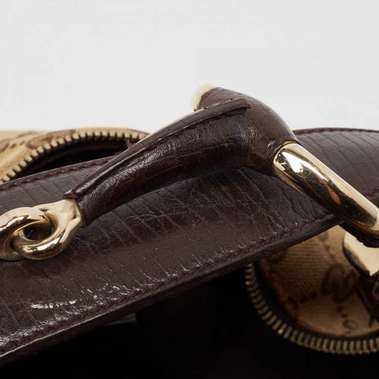 Pre Owned Gucci Beige/Brown GG Canvas and Leather Horsebit Handle Hobo