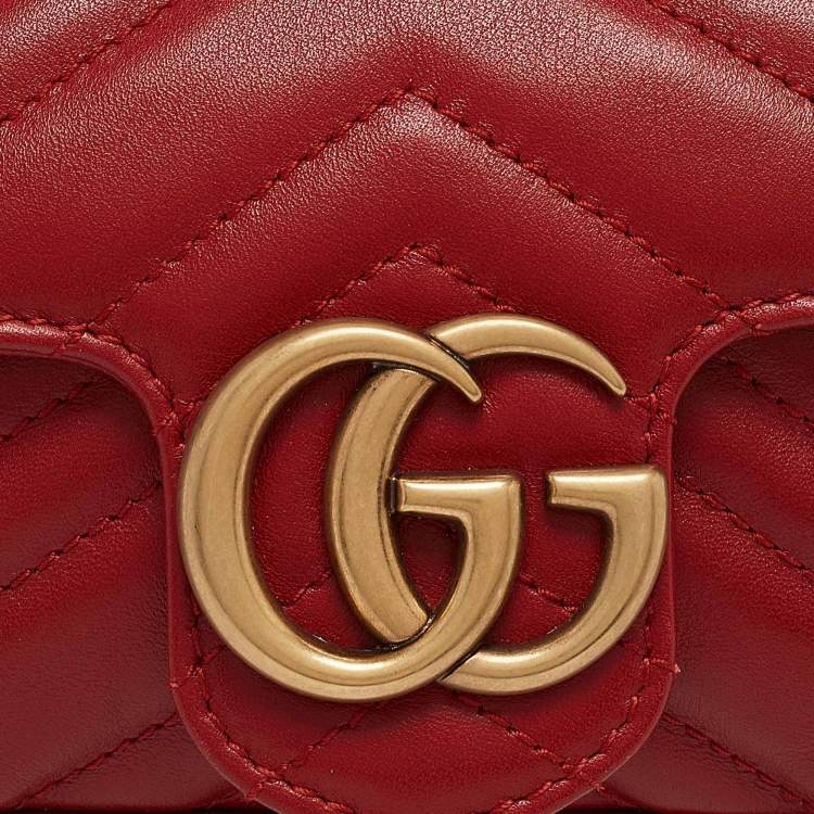Pre Owned Gucci Red Matelassé Leather Super Mini GG Marmont Bag