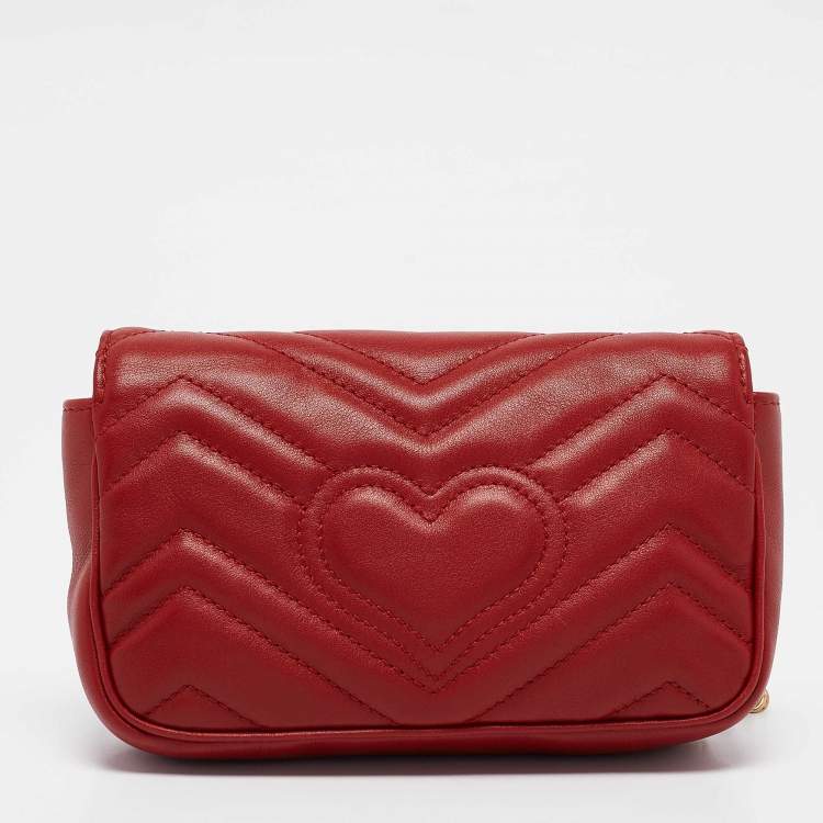 Pre Owned Gucci Red Matelassé Leather Super Mini GG Marmont Bag