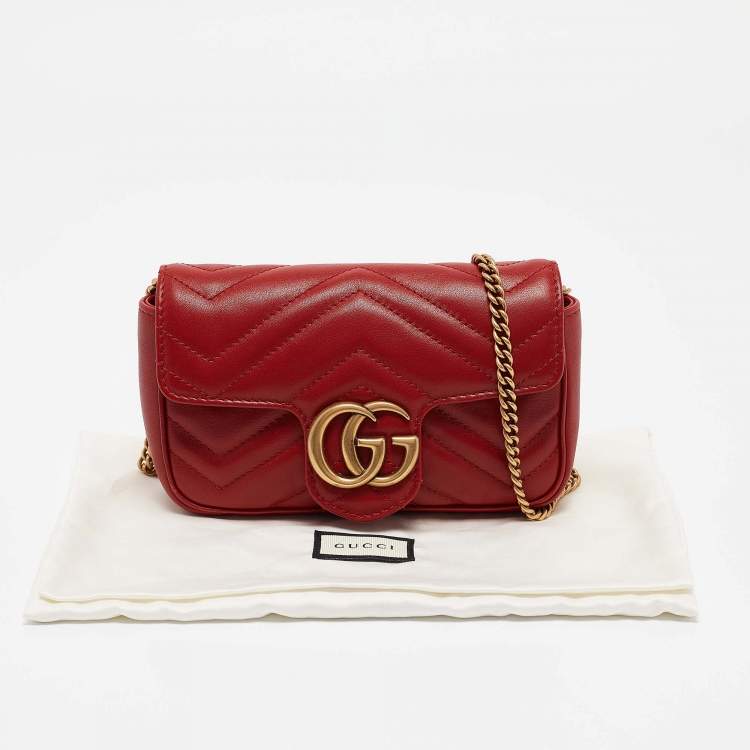 Pre Owned Gucci Red Matelassé Leather Super Mini GG Marmont Bag