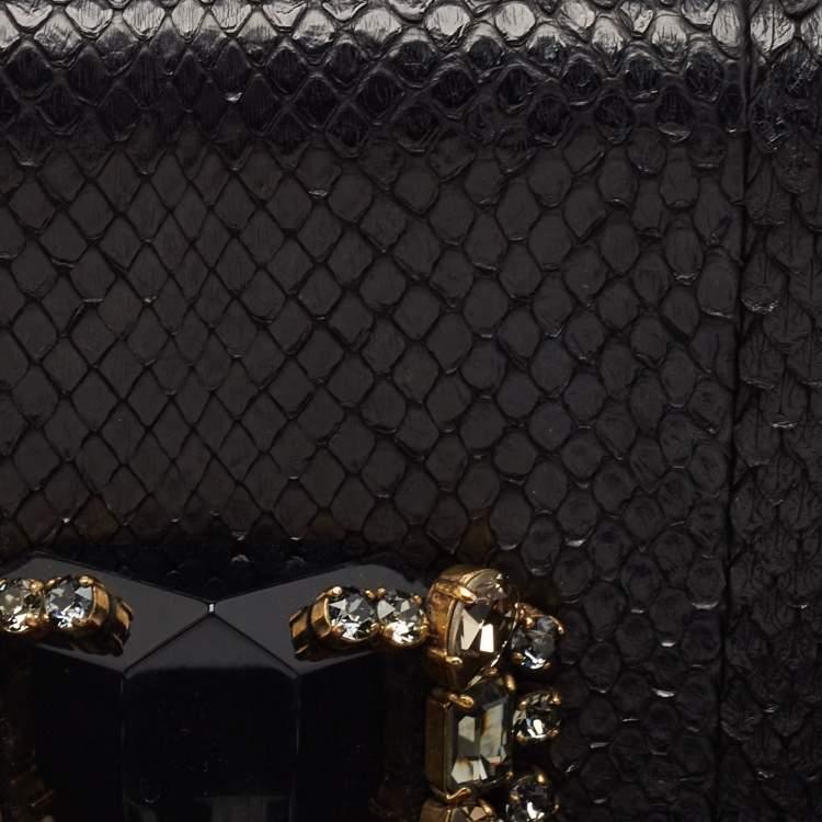 Pre Owned Gucci Black Snakeskin Crystals Embellished Flap Clutch