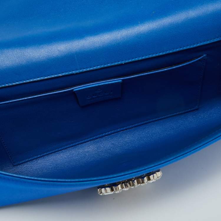 Pre Owned Gucci Blue Satin Crystal Embellished Interlocking G Broadway Clutch