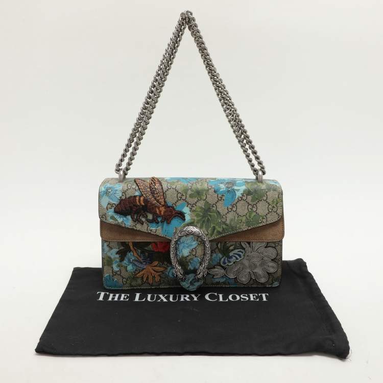 Pre Owned Gucci Beige GG Supreme Canvas Flower Applique Small Dionysus Shoulder Bag