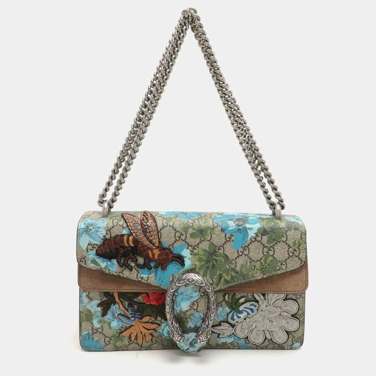 Pre Owned Gucci Beige GG Supreme Canvas Flower Applique Small Dionysus Shoulder Bag