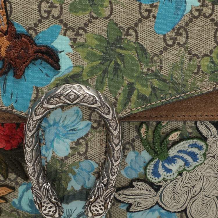 Pre Owned Gucci Beige GG Supreme Canvas Flower Applique Small Dionysus Shoulder Bag