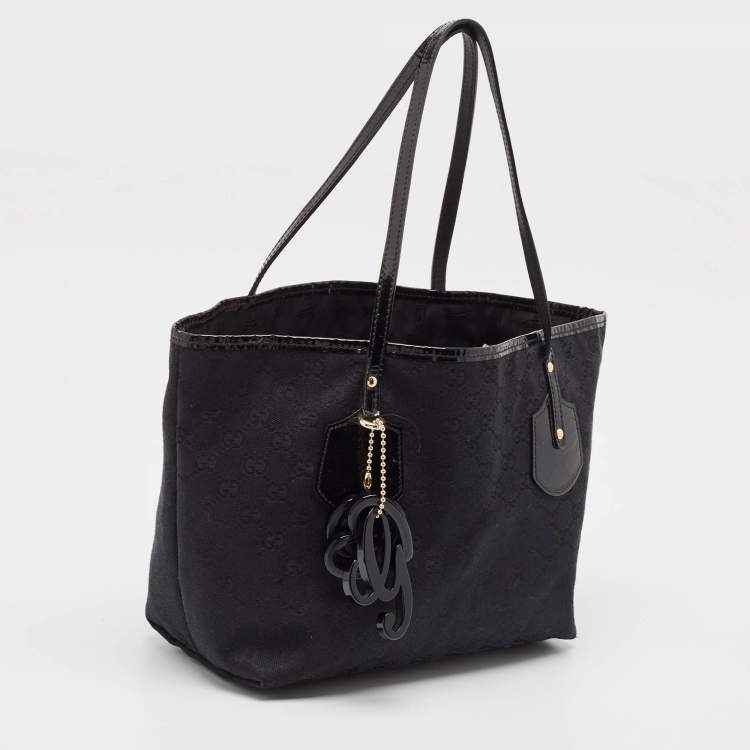 Pre Owned Gucci Black GG Canvas and Patent Leather Jolie Tote