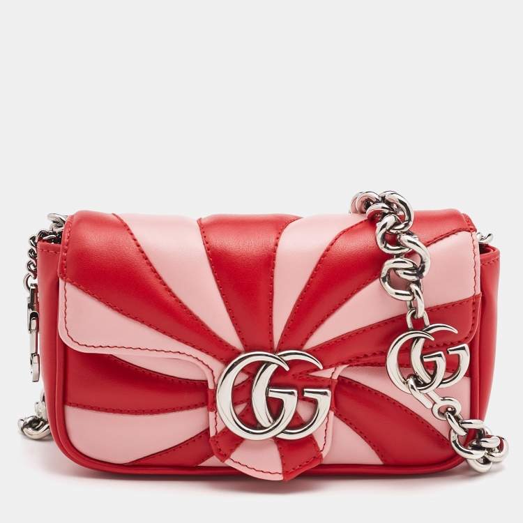 Pre Owned Gucci Red/Pink Leather Super Mini Limited Edtion GG Marmont Shoulder Bag