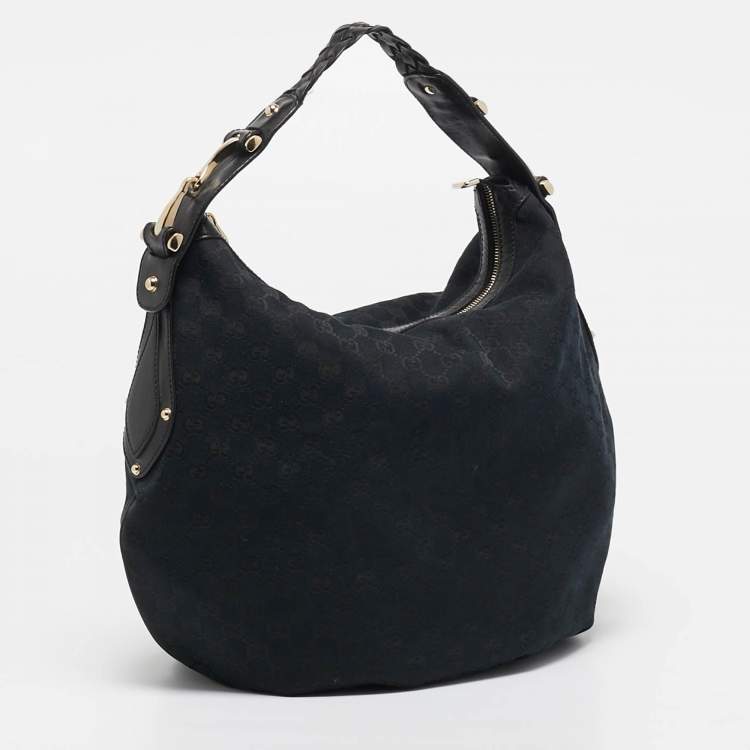 Pre Owned Gucci Black GG Canvas and Leather GG Marmont Medium Pelham Hobo