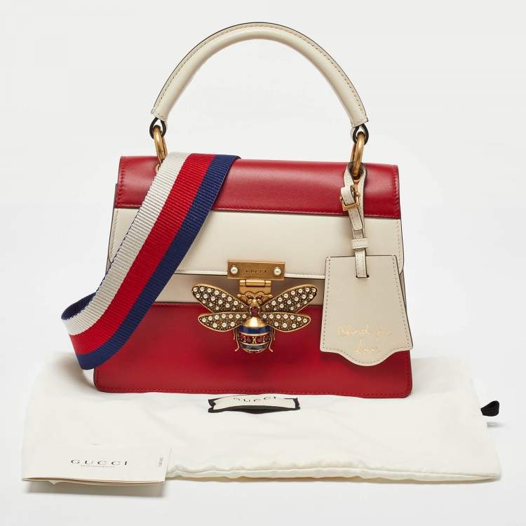 Pre Owned Gucci Red/Off White Leather Small Queen Margaret Top Handle Bag