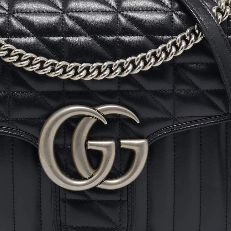 Pre Owned Gucci Black Mixed Matelassé Leather Medium GG Marmont Shoulder Bag