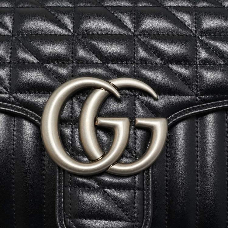 Pre Owned Gucci Black Mixed Matelassé Leather Medium GG Marmont Shoulder Bag