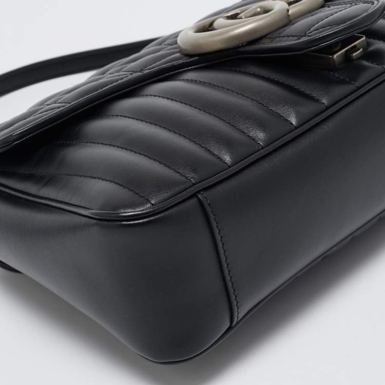 Pre Owned Gucci Black Mixed Matelassé Leather Medium GG Marmont Shoulder Bag