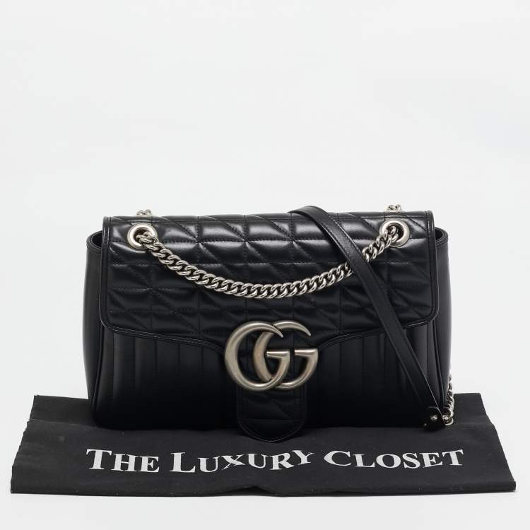 Pre Owned Gucci Black Mixed Matelassé Leather Medium GG Marmont Shoulder Bag