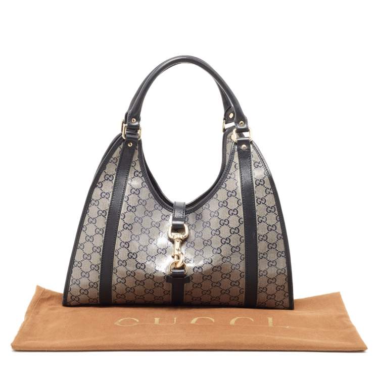 Pre Owned Gucci Grey/Black GG Crystal Canvas and Leather Bardot Joy Hobo