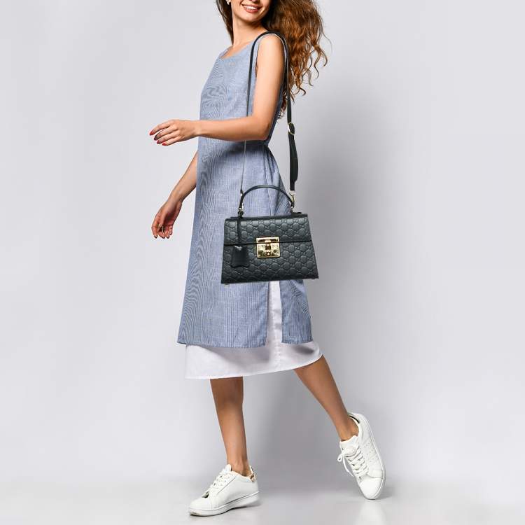 Pre Owned Gucci Black Guccissima Leather Small Padlock Top Handle Bag