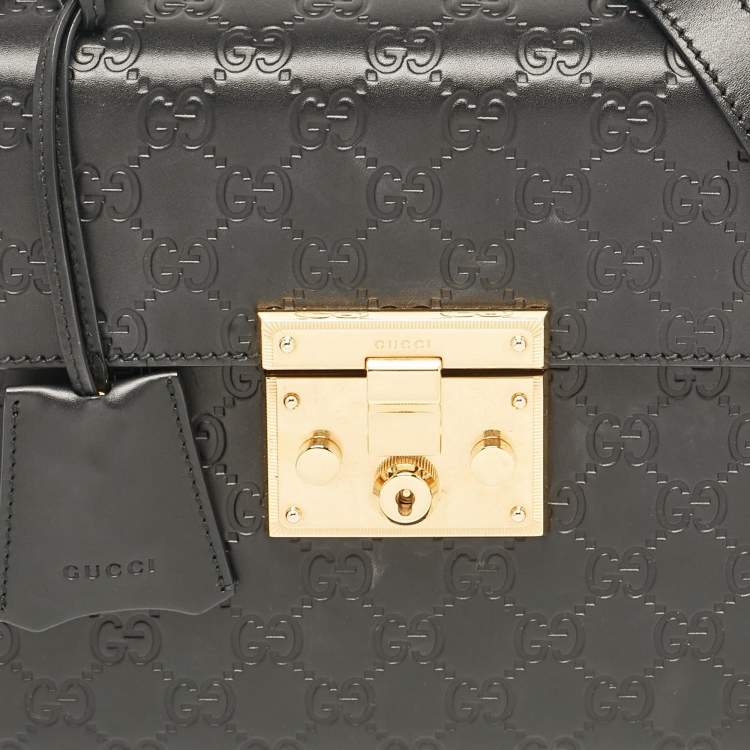 Pre Owned Gucci Black Guccissima Leather Small Padlock Top Handle Bag