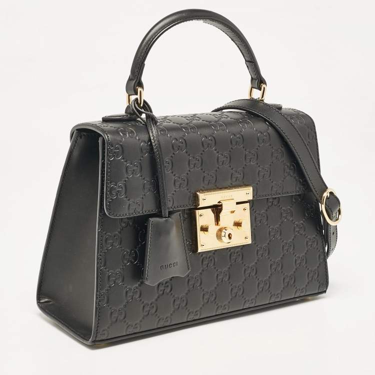 Pre Owned Gucci Black Guccissima Leather Small Padlock Top Handle Bag
