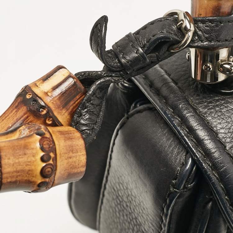 Pre Owned Gucci Black Leather Small New Bamboo Top Handle Bag