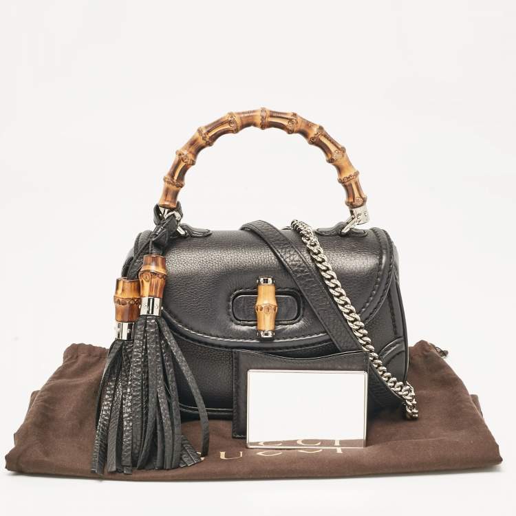 Pre Owned Gucci Black Leather Small New Bamboo Top Handle Bag