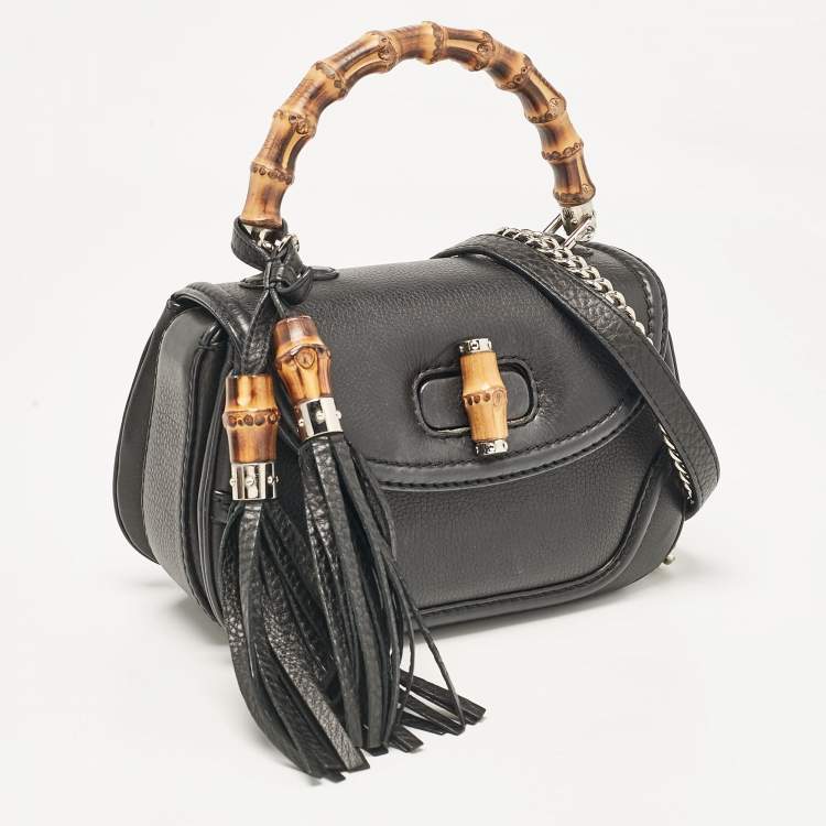 Pre Owned Gucci Black Leather Small New Bamboo Top Handle Bag