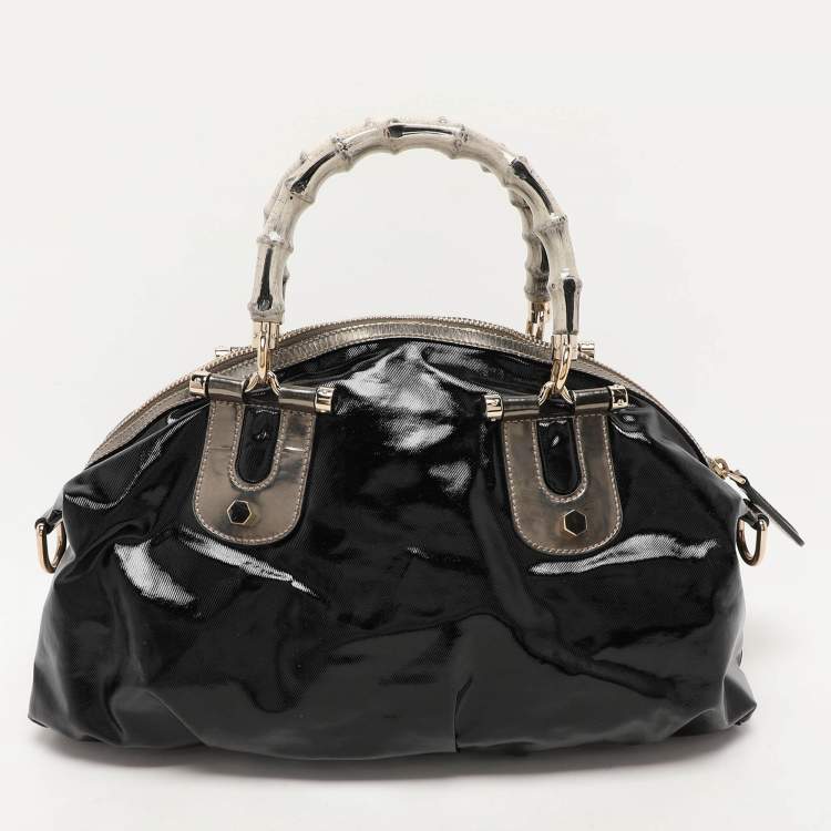 Pre Owned Gucci Black Coated Fabric and Leather Dialux Pop Bamboo Satchel