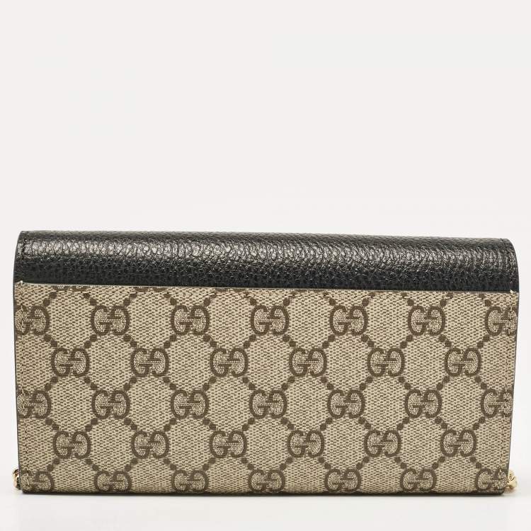 Pre Owned Gucci Beige/Black GG Supreme Canvas and Leather Wallet On Chain