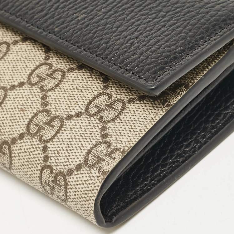 Pre Owned Gucci Beige/Black GG Supreme Canvas and Leather Wallet On Chain