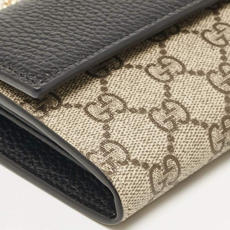 Pre Owned Gucci Beige/Black GG Supreme Canvas and Leather Wallet On Chain