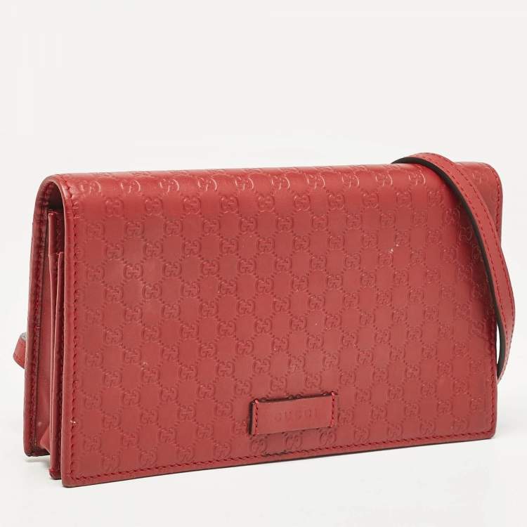 Pre Owned Gucci Red Microguccissima Leather Flap Wallet on Strap