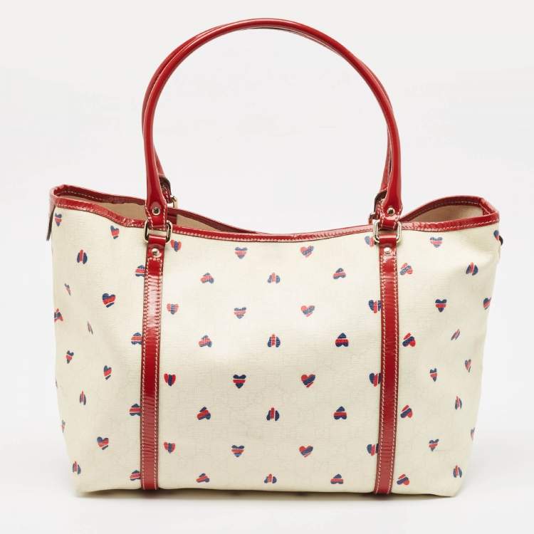 مملوكة مسبقًا Gucci Red/White GG Supreme Canvas and Patent Leather Medium Heart Joy Tote