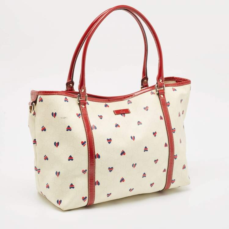 مملوكة مسبقًا Gucci Red/White GG Supreme Canvas and Patent Leather Medium Heart Joy Tote