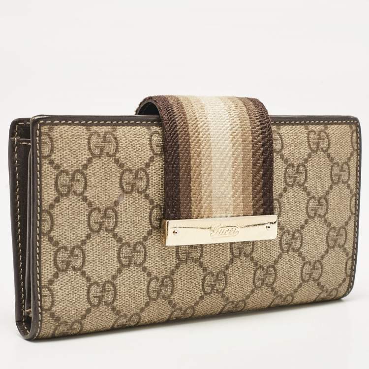 Pre Owned Gucci Brown/Beige GG Canvas and Leather Web Flap Continental Wallet