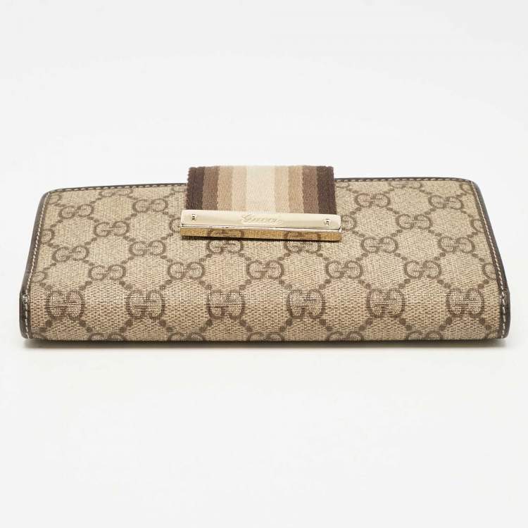 Pre Owned Gucci Brown/Beige GG Canvas and Leather Web Flap Continental Wallet