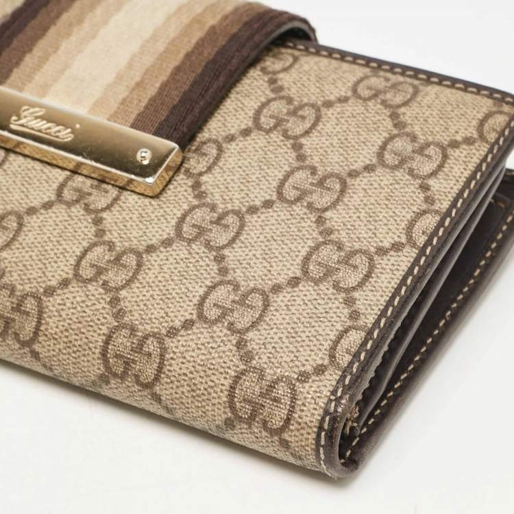 Pre Owned Gucci Brown/Beige GG Canvas and Leather Web Flap Continental Wallet