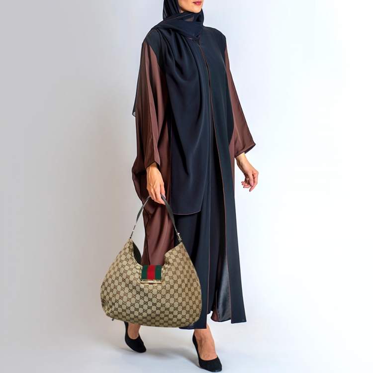 Pre Owned Gucci Beige/Brown GG Canvas and Leather New Ladies Web Hobo