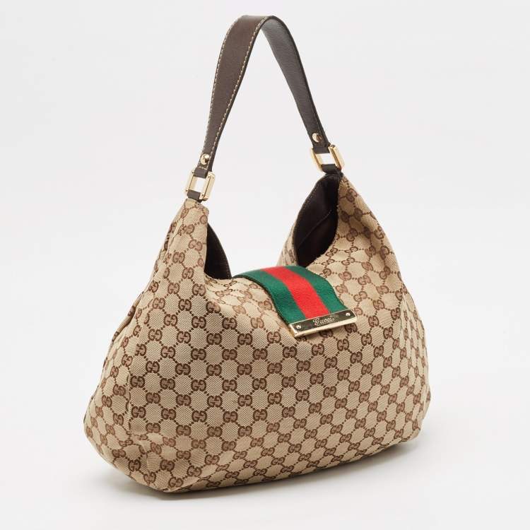 Pre Owned Gucci Beige/Brown GG Canvas and Leather New Ladies Web Hobo