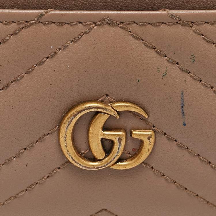 Pre Owned Gucci Beige Matelassé Leather GG Marmont Card Holder