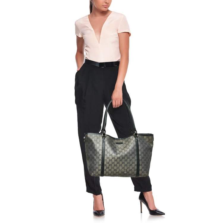 Pre Owned Gucci Black/Grey GG Crystal Canvas and Leather Medium Joy Tote