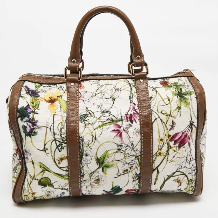 Pre Owned Gucci Beige/Multicolor Canvas and Leather Medium Floral Joy Boston Bag