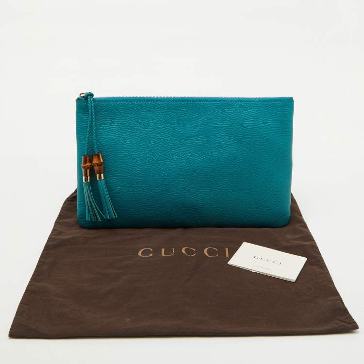 Pre Owned Gucci Teal Blue Leather Bamboo Braided Tassel Zip Clutch