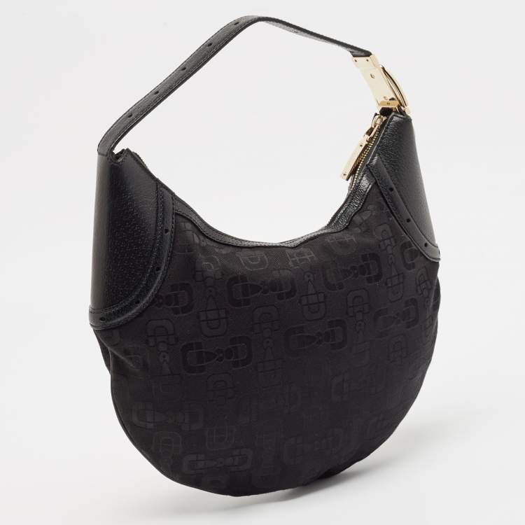 Pre Owned Gucci Black Horsebit Canvas and Leather Glam Hobo