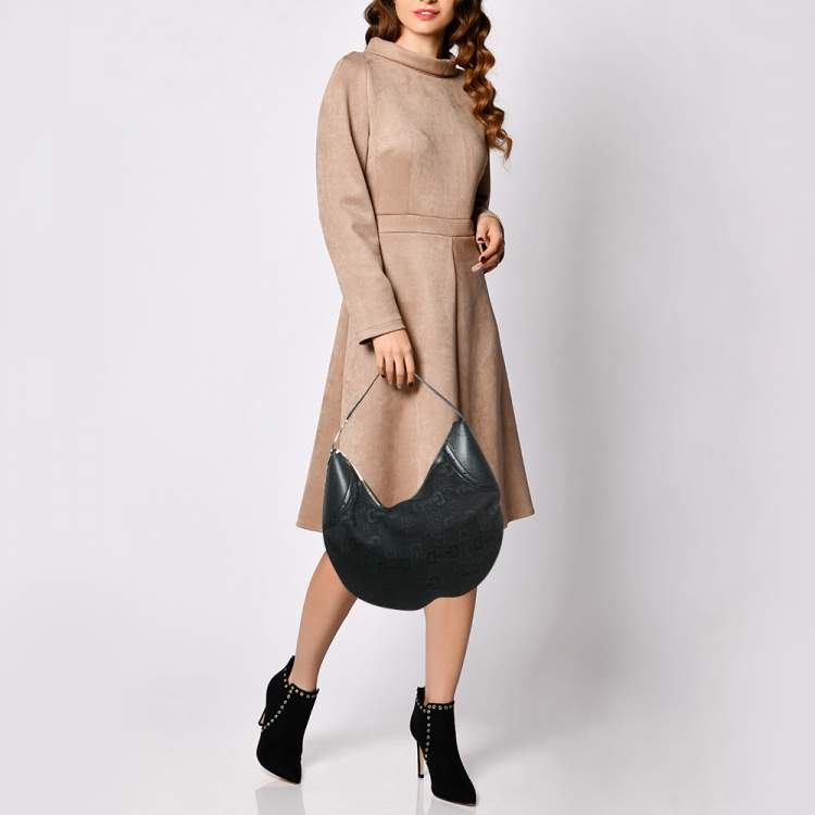 Pre Owned Gucci Black Horsebit Canvas and Leather Glam Hobo