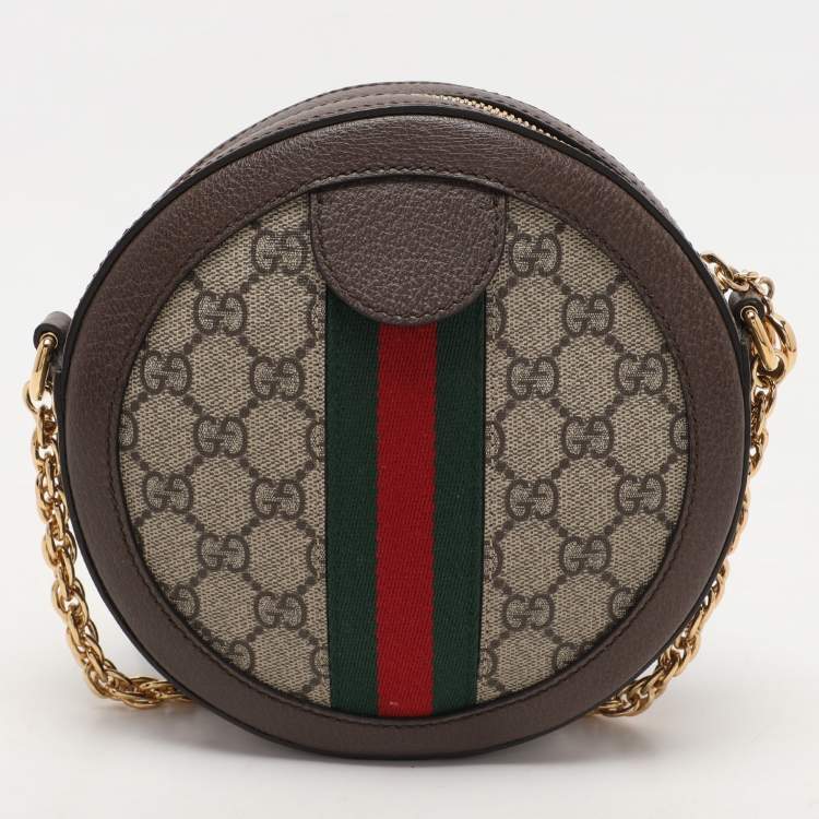 Pre Owned Gucci Brown/Beige GG Supreme Canvas and Leather Mini Ophidia Round Bag
