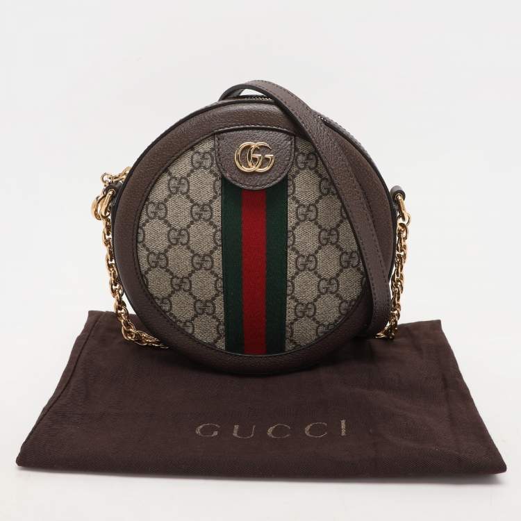Pre Owned Gucci Brown/Beige GG Supreme Canvas and Leather Mini Ophidia Round Bag